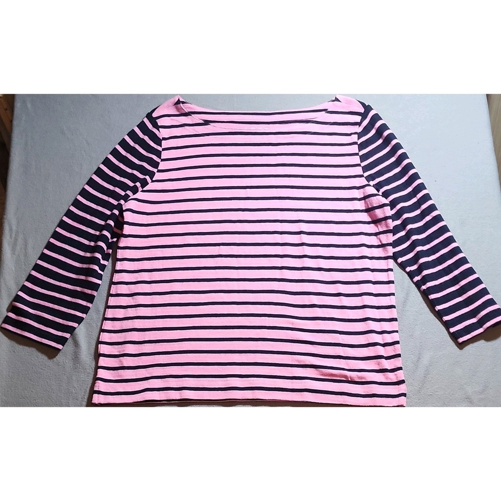 LOFT Women's Pink Navy Striped Knit Blouse L Boat Neck 3/4 Sleeve Regular Size